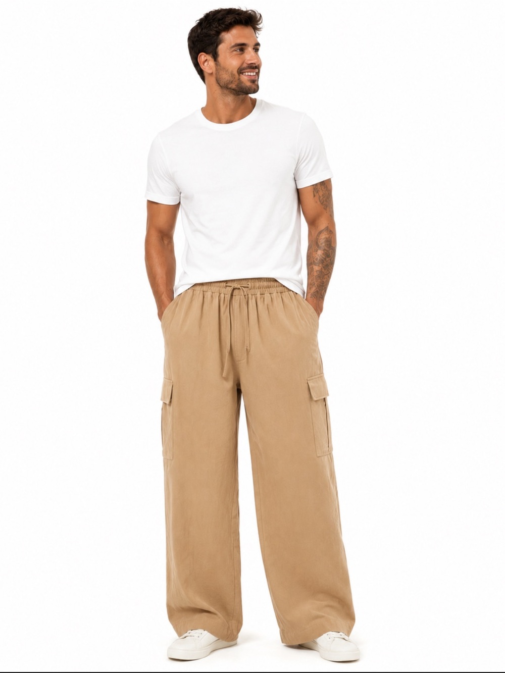 Ouku Men’s Cotton Cargo Pants Elastic Waist Wide Leg Khaki XL NWT